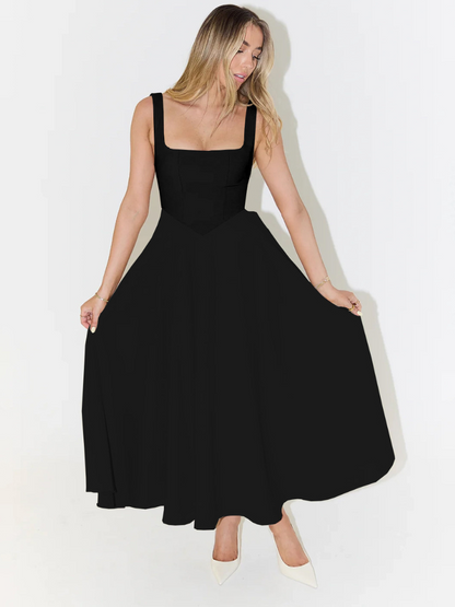 Elegantes Midi Kleid mit eckigem Ausschnitt & A-Linie – Figurbetontes Sommerkleid für Damen