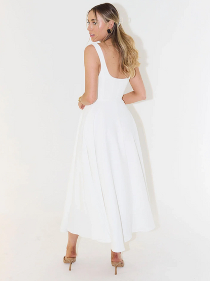 Elegantes Midi Kleid mit eckigem Ausschnitt & A-Linie – Figurbetontes Sommerkleid für Damen