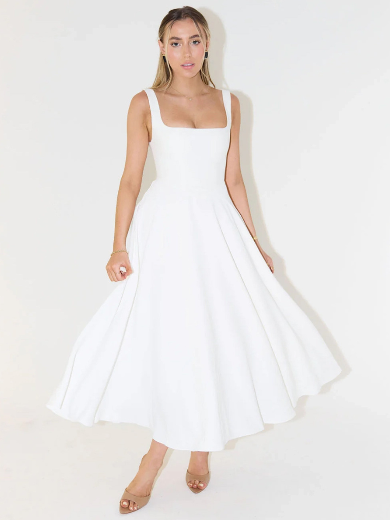 Elegantes Midi Kleid mit eckigem Ausschnitt & A-Linie – Figurbetontes Sommerkleid für Damen
