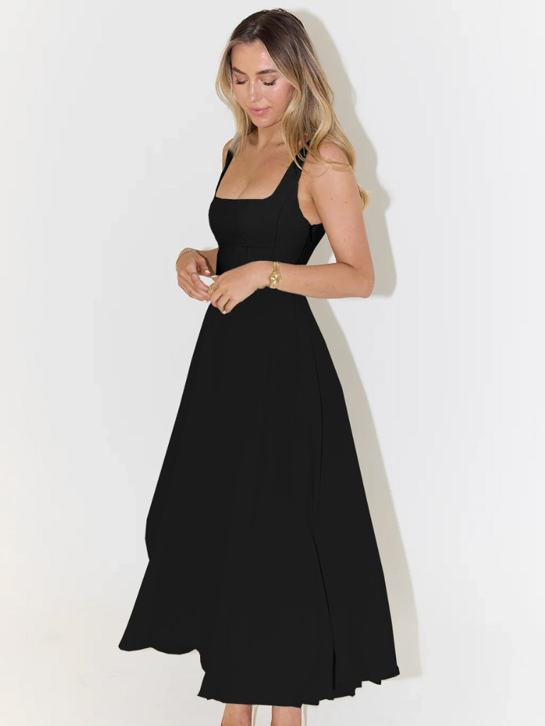 Elegantes Midi Kleid mit eckigem Ausschnitt & A-Linie – Figurbetontes Sommerkleid für Damen