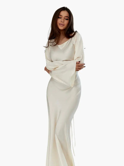 Elegantes Maxikleid mit Glockenärmeln für Damen – Figurbetontes Abendkleid mit Bindegürtel