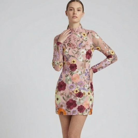 Elegantes Floral besticktes Mini Kleid mit Stehkragen – Figurbetontes Partykleid für Damen