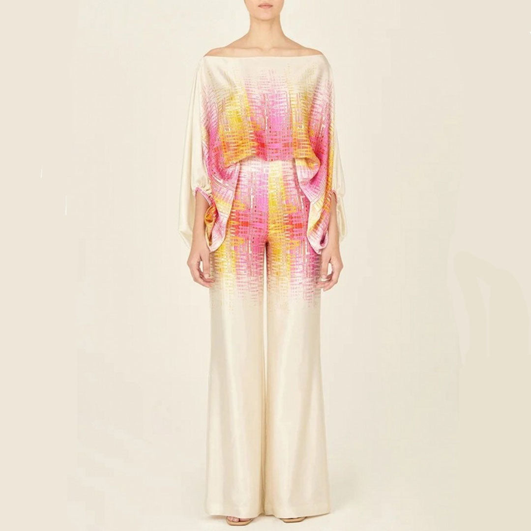 Maëlys - Elegantes Zweiteiliges Ensemble für Frühling und Sommer mit Weiten Ärmeln und Off-Shoulder Design, Hochtaillierte Palazzo-Hosen und Glänzenden Mustern