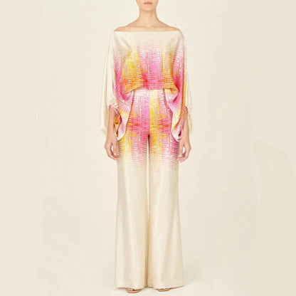 Maëlys - Elegantes Zweiteiliges Ensemble für Frühling und Sommer mit Weiten Ärmeln und Off-Shoulder Design, Hochtaillierte Palazzo-Hosen und Glänzenden Mustern