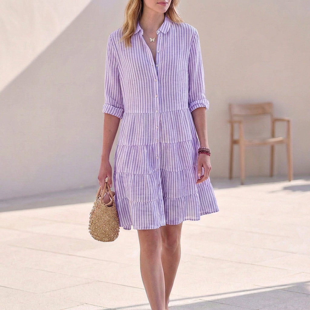 Gestreiftes Hemdblusenkleid für Damen – Leichtes Sommerkleid mit Knopfleiste & Volantrock