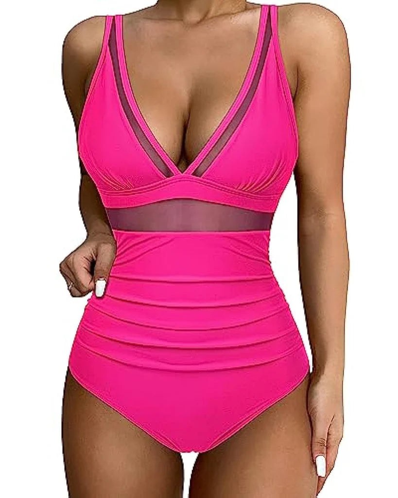 Eleganter Badeanzug für Damen mit Mesh-Details – Tiefem V-Ausschnitt & Figurformend