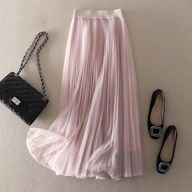 Plissierter Tüll Midi Rock mit elastischem Bund – Eleganter, fließender Rock für Damen