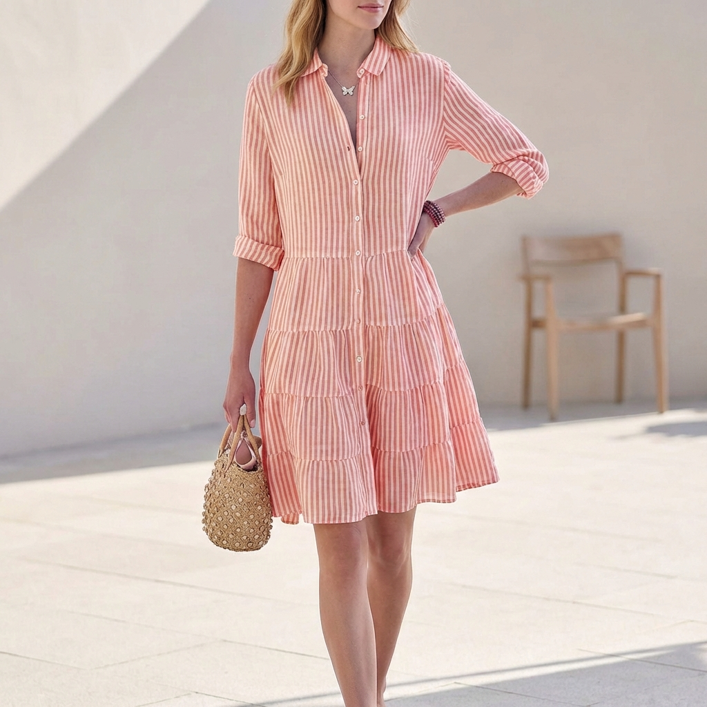 Gestreiftes Hemdblusenkleid für Damen – Leichtes Sommerkleid mit Knopfleiste & Volantrock