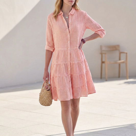 Gestreiftes Hemdblusenkleid für Damen – Leichtes Sommerkleid mit Knopfleiste & Volantrock