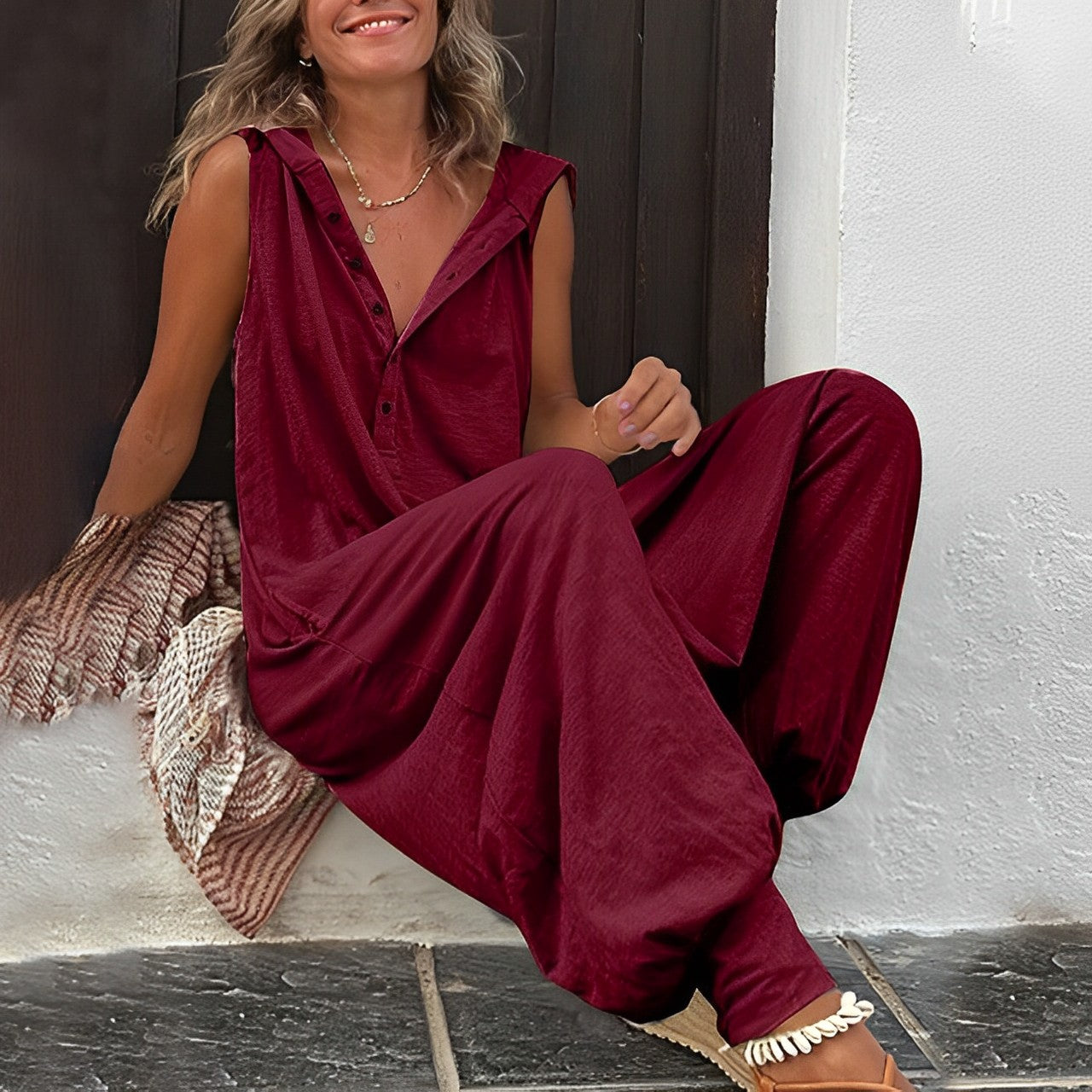 Auréline - Bequemer und Lässiger Frühling-Sommer Jumpsuit für Frauen, Ärmellos, Weite Hose, Knöpfe und V-Ausschnitt