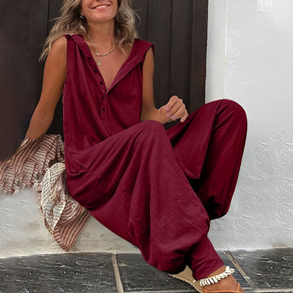Auréline - Bequemer und Lässiger Frühling-Sommer Jumpsuit für Frauen, Ärmellos, Weite Hose, Knöpfe und V-Ausschnitt