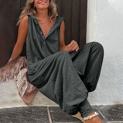 Auréline - Bequemer und Lässiger Frühling-Sommer Jumpsuit für Frauen, Ärmellos, Weite Hose, Knöpfe und V-Ausschnitt