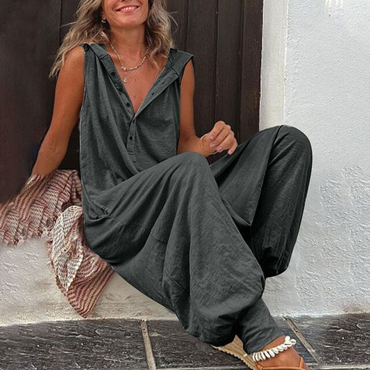 Auréline - Bequemer und Lässiger Frühling-Sommer Jumpsuit für Frauen, Ärmellos, Weite Hose, Knöpfe und V-Ausschnitt