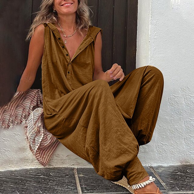 Auréline - Bequemer und Lässiger Frühling-Sommer Jumpsuit für Frauen, Ärmellos, Weite Hose, Knöpfe und V-Ausschnitt
