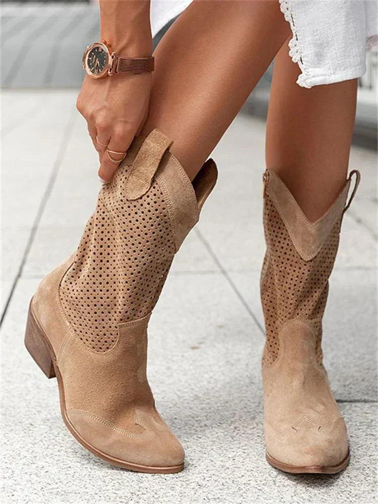 Perforierte Westernstiefel für Damen – Sommer Cowboy Boots mit Blockabsatz & Reißverschluss