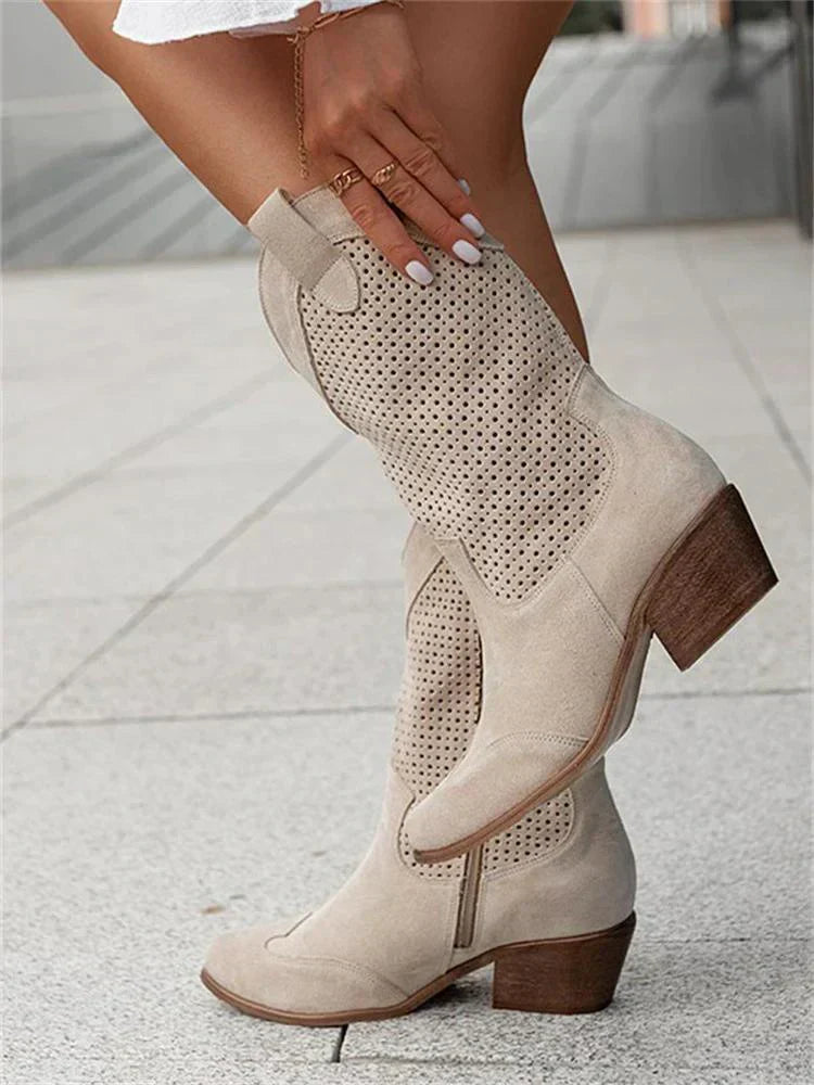 Perforierte Westernstiefel für Damen – Sommer Cowboy Boots mit Blockabsatz & Reißverschluss
