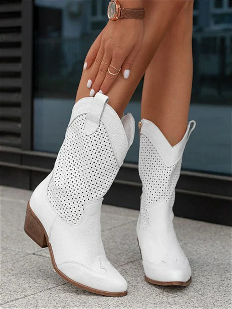 Perforierte Westernstiefel für Damen – Sommer Cowboy Boots mit Blockabsatz & Reißverschluss