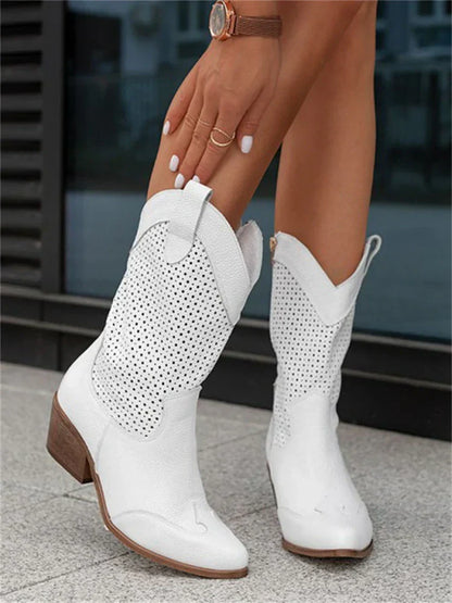 Perforierte Westernstiefel für Damen – Sommer Cowboy Boots mit Blockabsatz & Reißverschluss