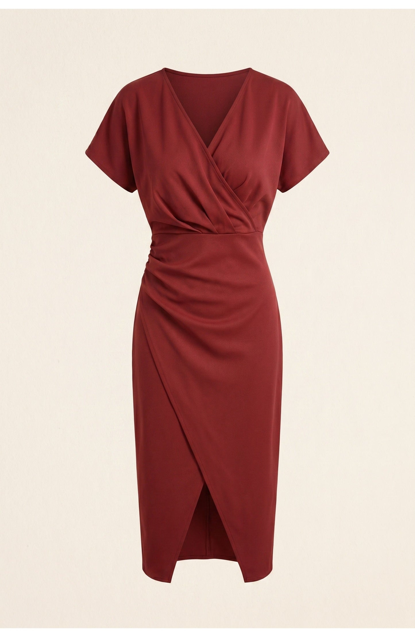 Elegantes Wickelkleid mit V-Ausschnitt für Damen – Figurbetontes Midikleid mit Taillenraffung & Schlitz
