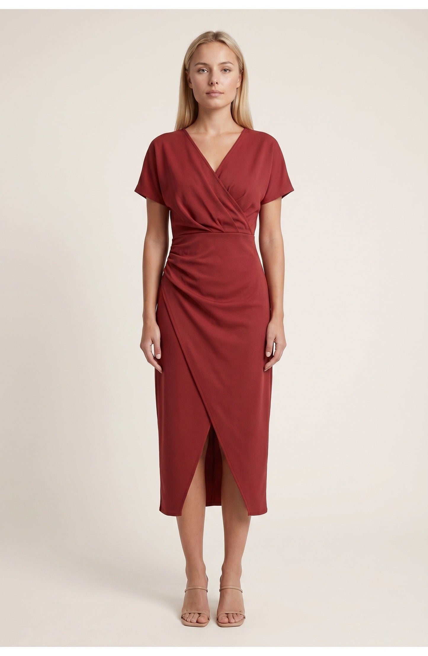Elegantes Wickelkleid mit V-Ausschnitt für Damen – Figurbetontes Midikleid mit Taillenraffung & Schlitz