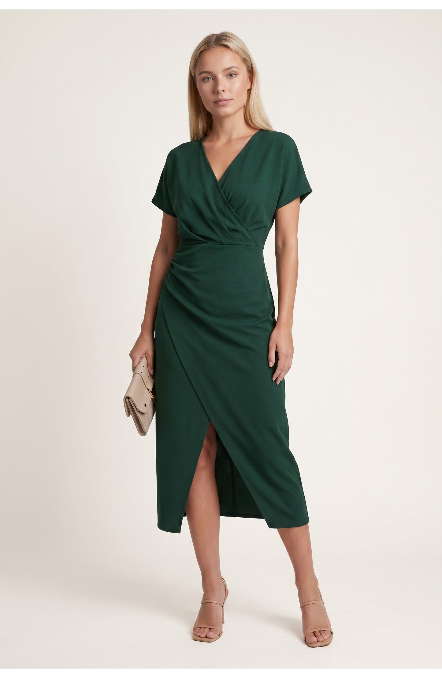 Elegantes Wickelkleid mit V-Ausschnitt für Damen – Figurbetontes Midikleid mit Taillenraffung & Schlitz