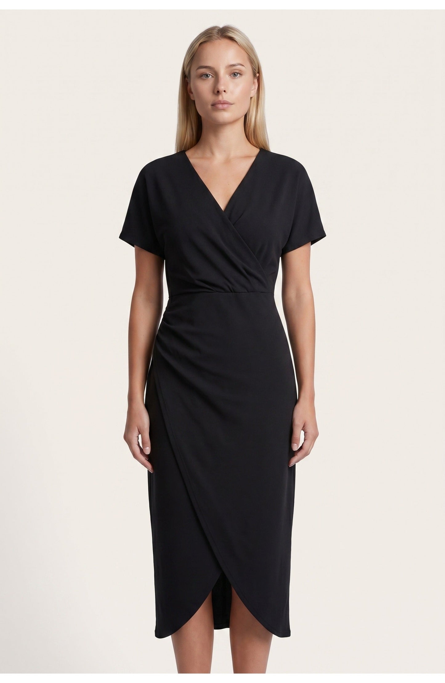 Elegantes Wickelkleid mit V-Ausschnitt für Damen – Figurbetontes Midikleid mit Taillenraffung & Schlitz