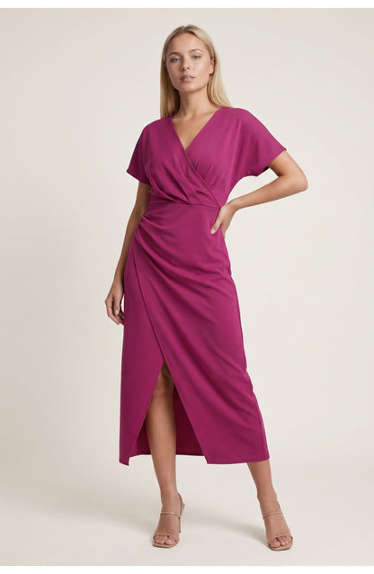 Elegantes Wickelkleid mit V-Ausschnitt für Damen – Figurbetontes Midikleid mit Taillenraffung & Schlitz