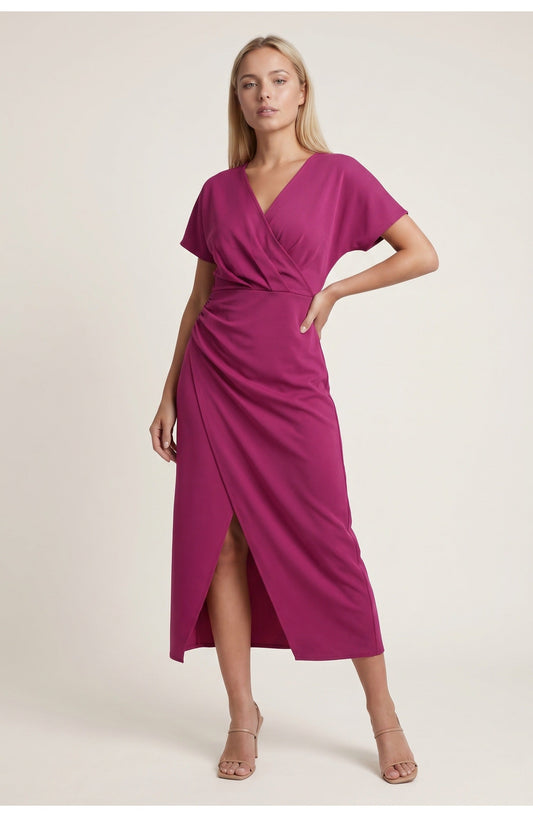 Elegantes Wickelkleid mit V-Ausschnitt für Damen – Figurbetontes Midikleid mit Taillenraffung & Schlitz