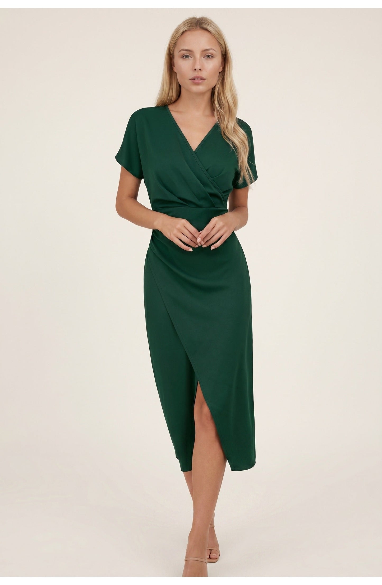 Elegantes Wickelkleid mit V-Ausschnitt für Damen – Figurbetontes Midikleid mit Taillenraffung & Schlitz