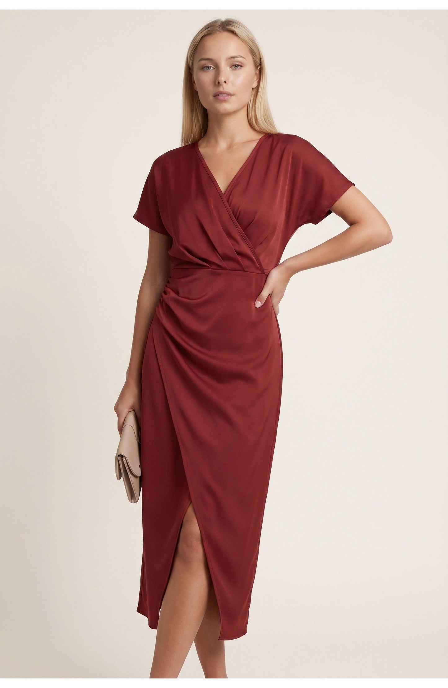 Elegantes Wickelkleid mit V-Ausschnitt für Damen – Figurbetontes Midikleid mit Taillenraffung & Schlitz