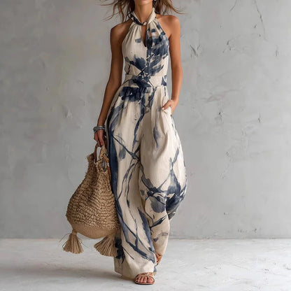 Eleganter Jumpsuit mit Neckholder für Damen – Luftiger Overall mit Print und Weitem Bein