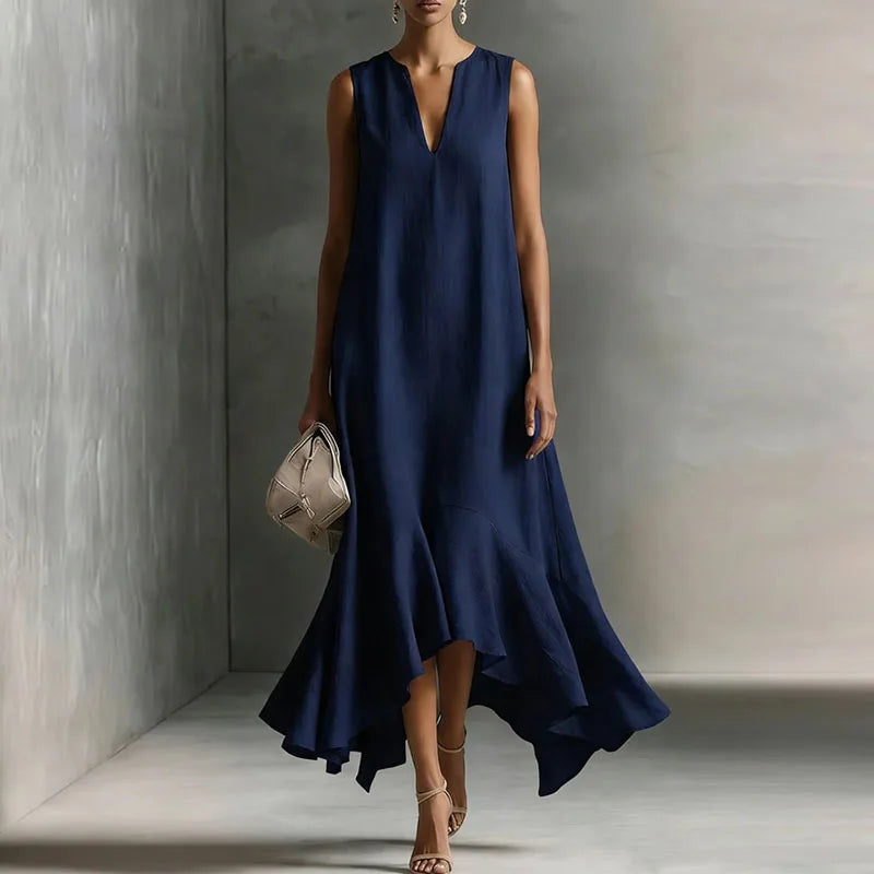Elegantes Maxikleid mit Volantsaum für Damen – Fließendes A-Linien Kleid mit V-Ausschnitt