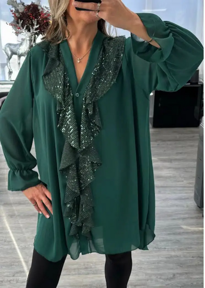 Noésa - Hemdblusenkleid für Damen mit langen Ärmeln, A-Linien-Schnitt, mit funkelnden Volants