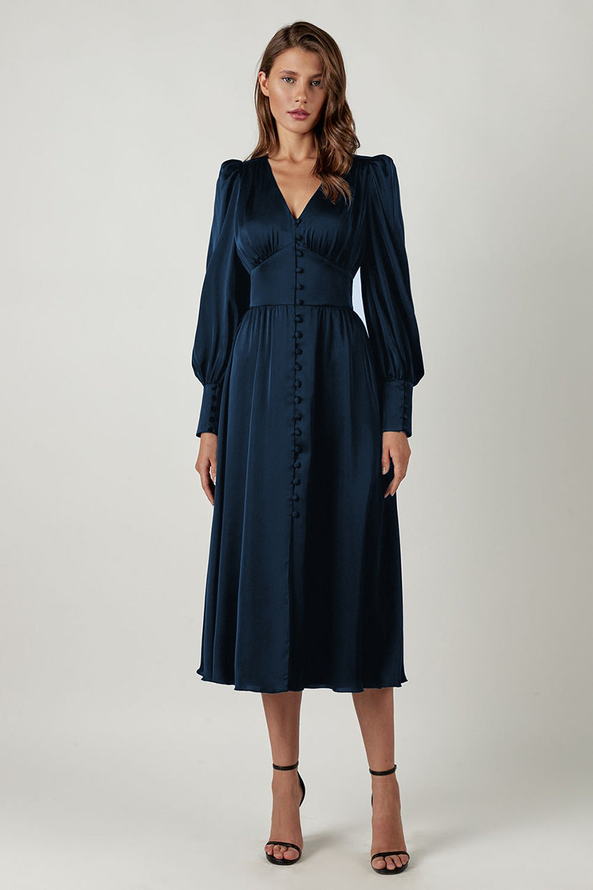 Elegantes Midi Kleid mit V-Ausschnitt & Knopfleiste – Fließendes Langarmkleid für Damen