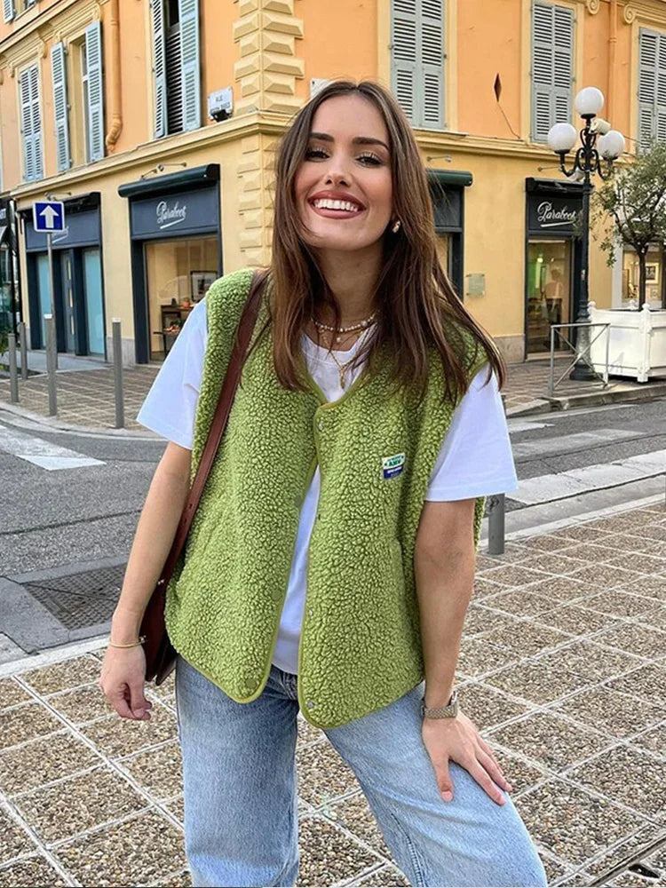 Élirée - Ärmellose Frühlingsweste aus Wolle für Frauen, Trendy, mit Knöpfen, in einfarbigen Farben