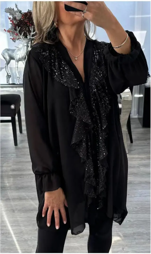 Noésa - Hemdblusenkleid für Damen mit langen Ärmeln, A-Linien-Schnitt, mit funkelnden Volants