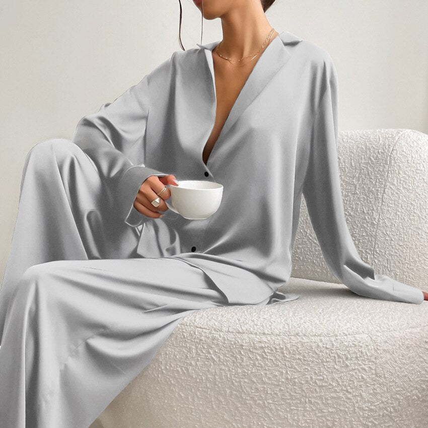 Noélya - Damen Pyjama-Set aus luxuriösem Satin mit Langarmshirt und langer Hose