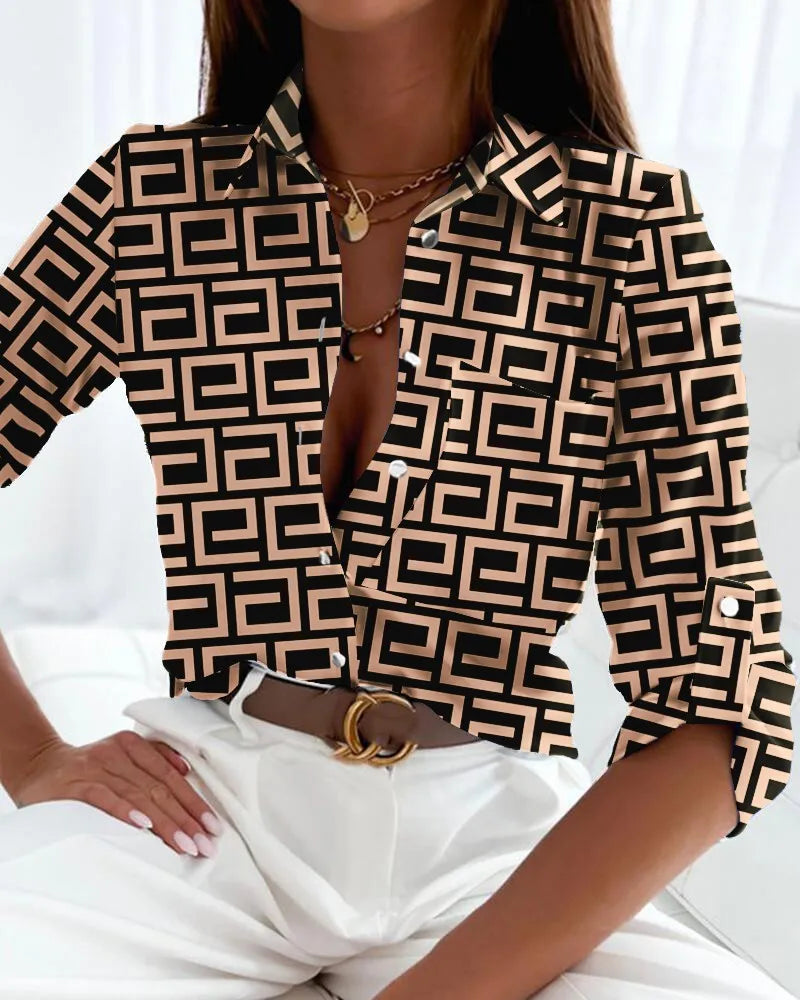 Elegante Bluse mit abstraktem Print für Damen – Lockeres Hemd mit Knopfleiste & 3/4-Ärmeln