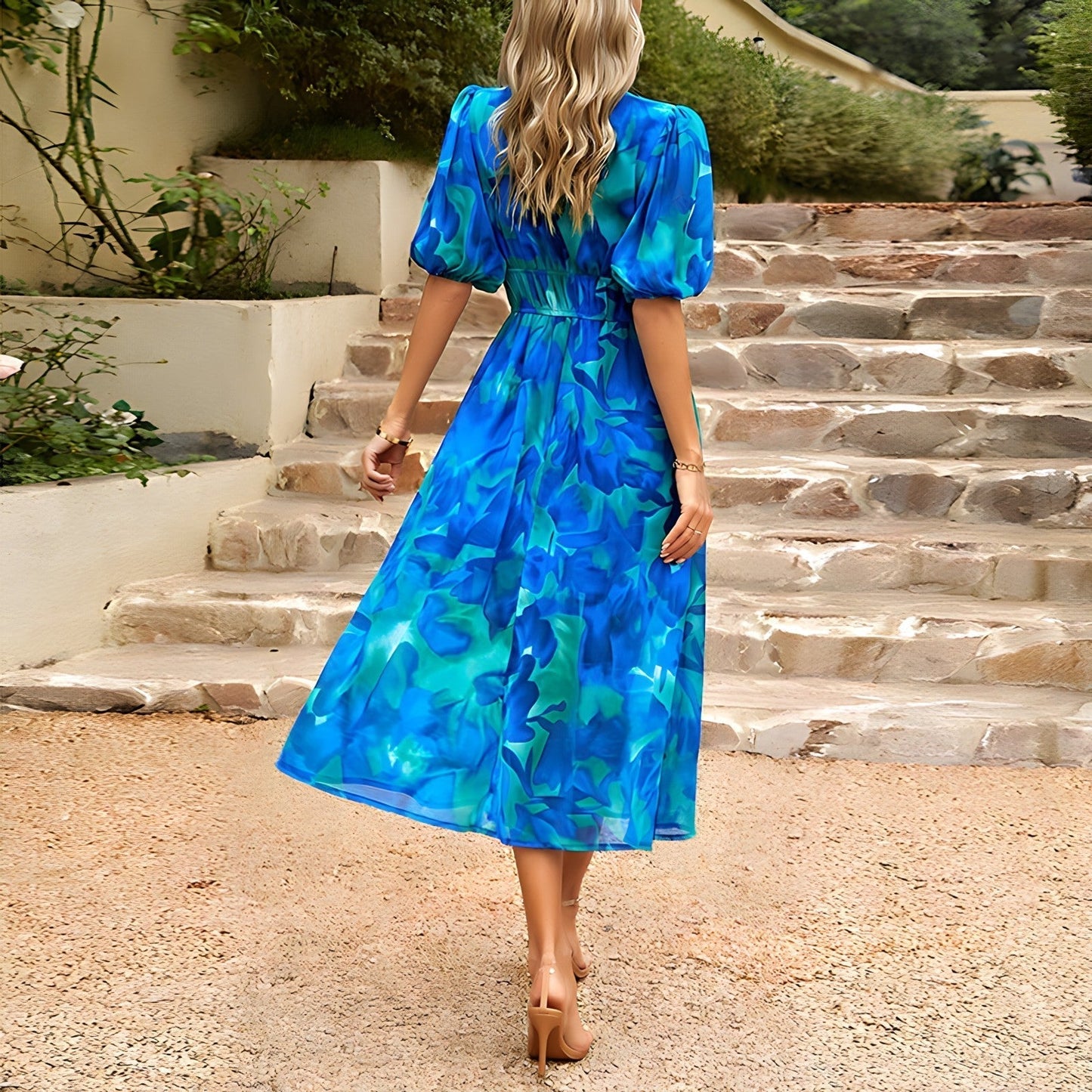 Elegantes Midi Sommerkleid mit V-Ausschnitt & floralem Print – Luftiges Kleid für Damen