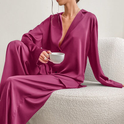 Noélya - Damen Pyjama-Set aus luxuriösem Satin mit Langarmshirt und langer Hose