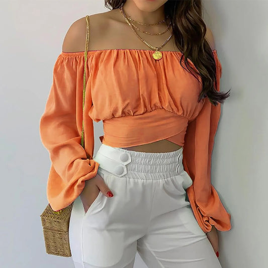 Figurbetontes Off-Shoulder Crop Top für Damen – Elegante Bluse mit Wickel-Design
