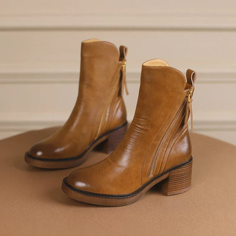 Elegante Damen Leder Stiefeletten mit Blockabsatz – Bequeme Boots mit Reißverschluss