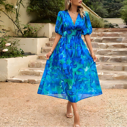 Elegantes Midi Sommerkleid mit V-Ausschnitt & floralem Print – Luftiges Kleid für Damen