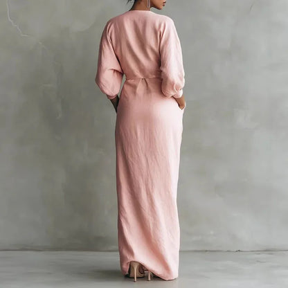 Elegantes Maxikleid mit Drapierung für Damen – Figurbetontes Wickelkleid mit V-Ausschnitt
