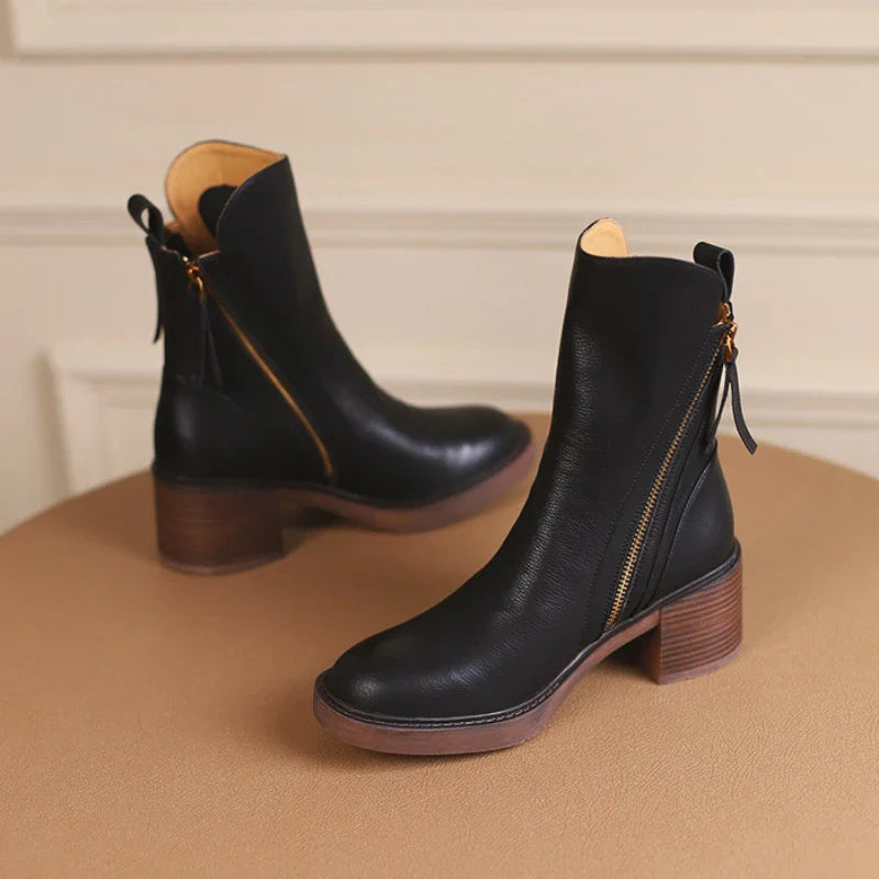Elegante Damen Leder Stiefeletten mit Blockabsatz – Bequeme Boots mit Reißverschluss