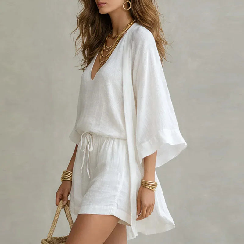 Lässiges Zweiteiler Set für Damen – Luftiges Sommer Outfit mit Kimono & Shorts