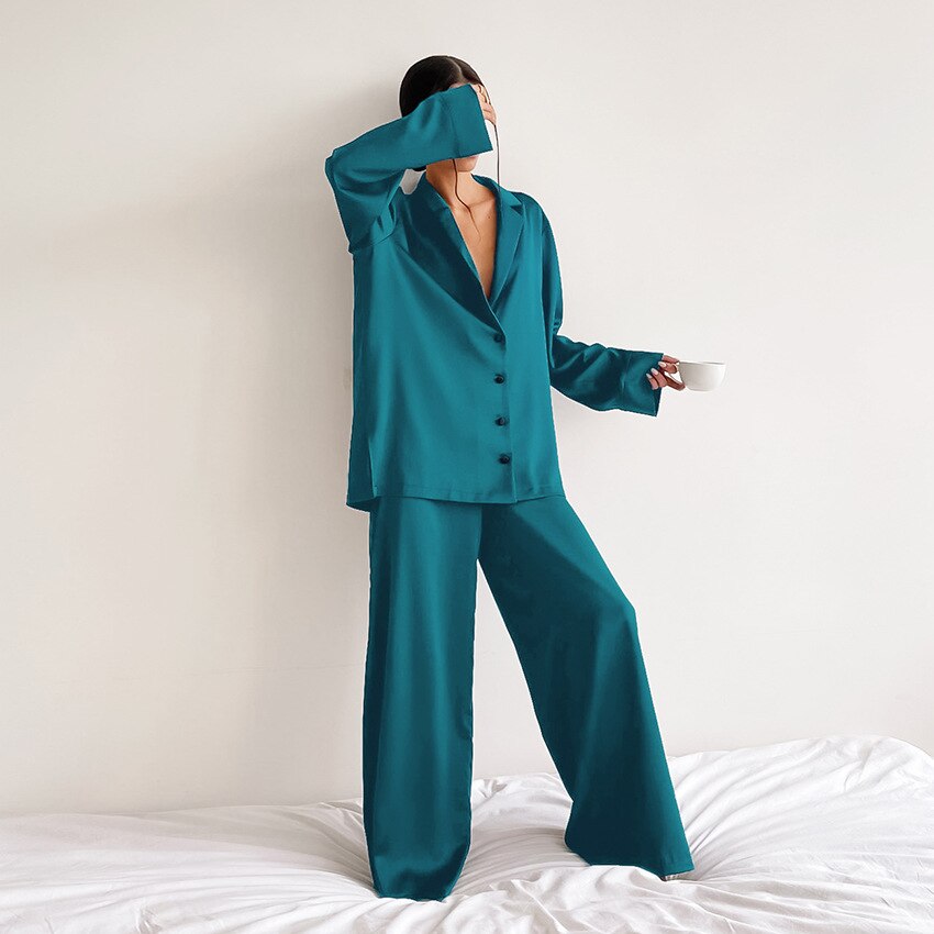 Noélya - Damen Pyjama-Set aus luxuriösem Satin mit Langarmshirt und langer Hose