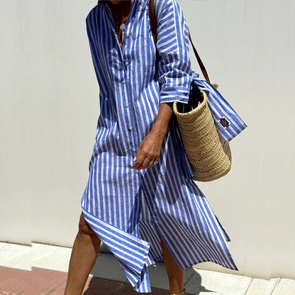 Marie - Langärmliges Streifenhemdkleid Frühling-Sommer, Bequem und Elegant, mit Subtilen Seitenschlitzen