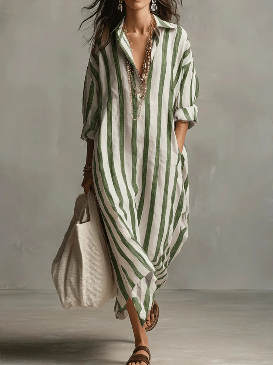 Gestreiftes Maxikleid mit Hemdkragen für Damen – Luftiges Oversize Sommerkleid mit Taschen