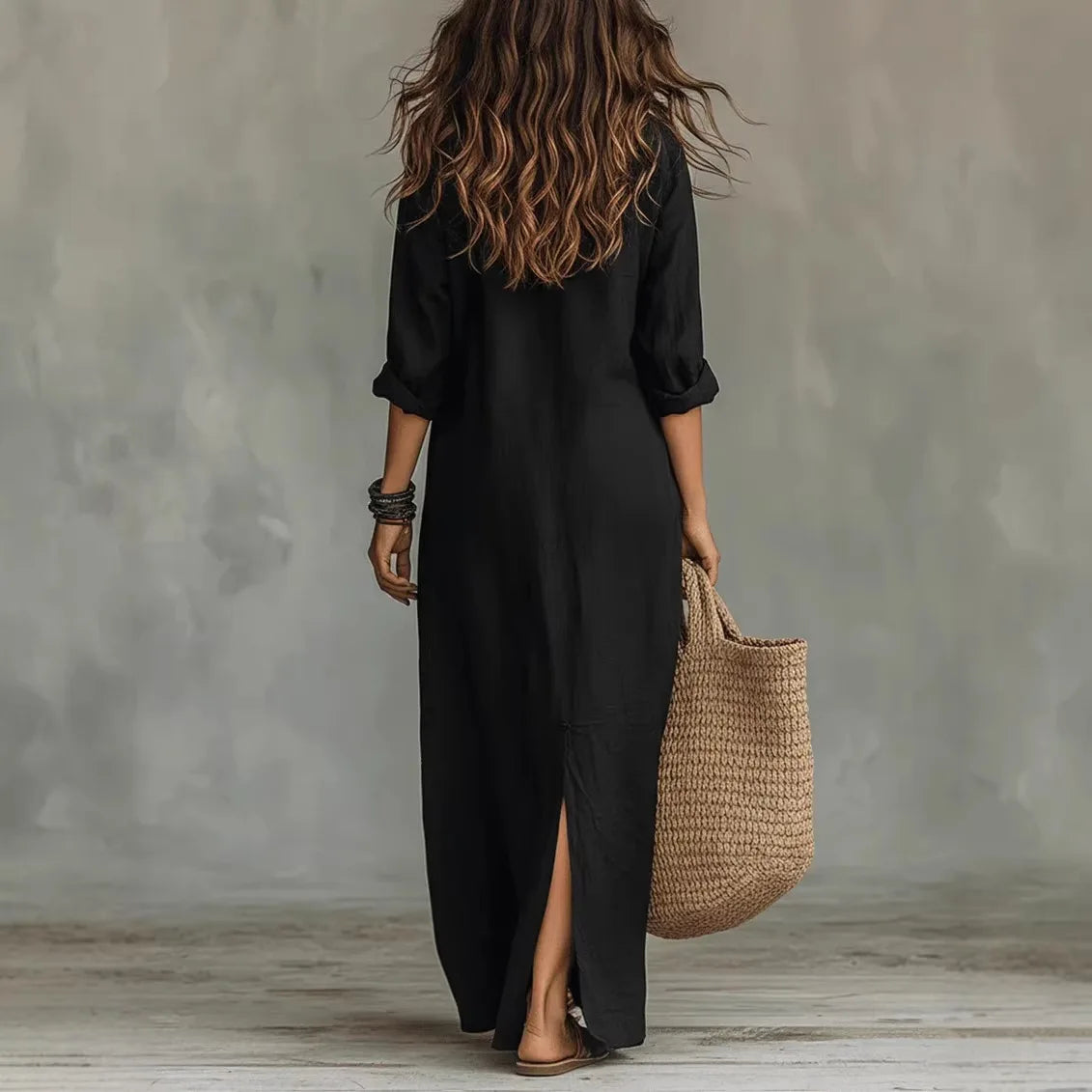 Langes Maxikleid mit Hemdkragen für Damen – Luftiges Freizeitkleid mit V-Ausschnitt & Langarm